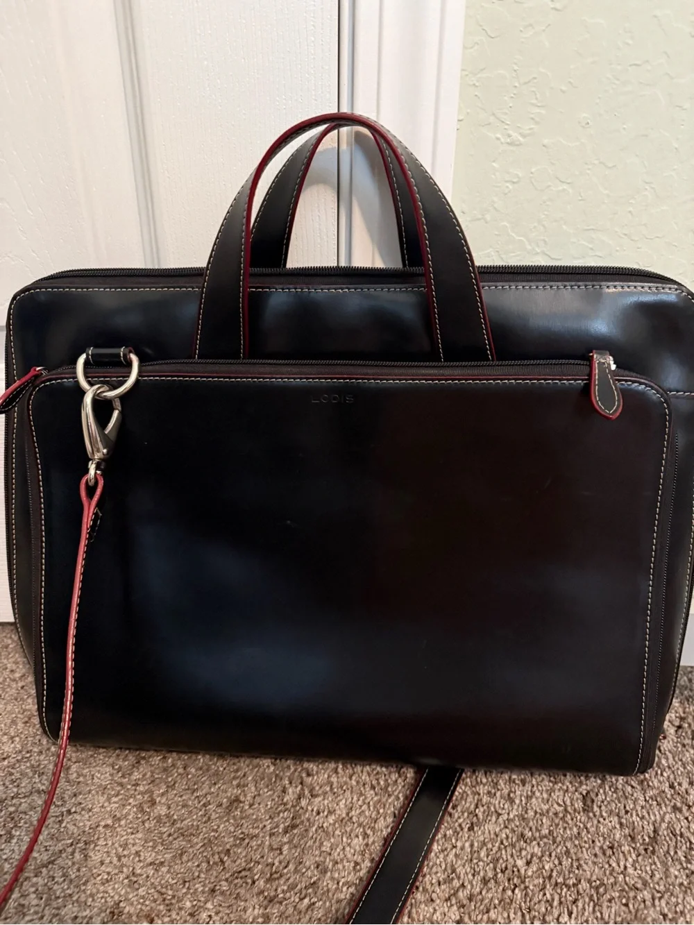 Lodis Black Leather Briefcase with Red Edge Accents